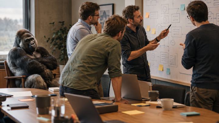 A silverback gorilla waits with crossed arms in a meeting room while four men argue over a whiteboard full of diagrams