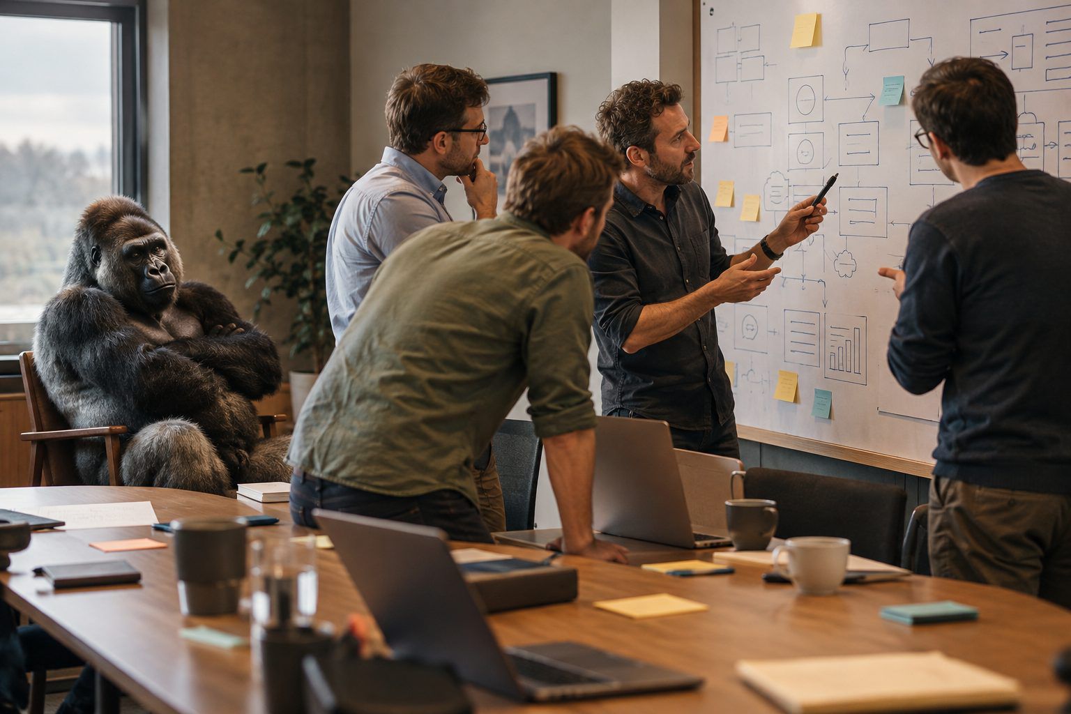 A silverback gorilla waits with crossed arms in a meeting room while four men argue over a whiteboard full of diagrams