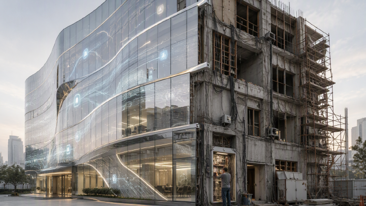 Glass office tower with finished, lit upper floors and a crane on top, while the lower floors and entrance are still wrapped in scaffolding.